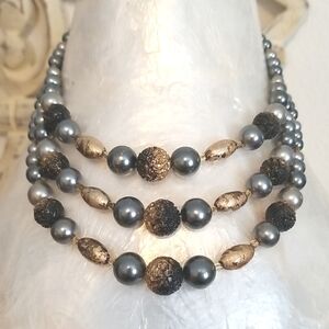 Vintage JAPAN triple strand gray and gold-tone lucite beaded choker necklace